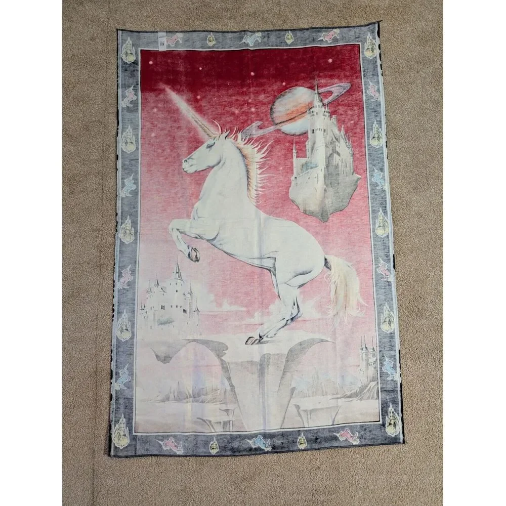Vintage ATC NY Unicorn Fantasy Tapestry Psychedelic Space Castle‎ 80s Wall Art